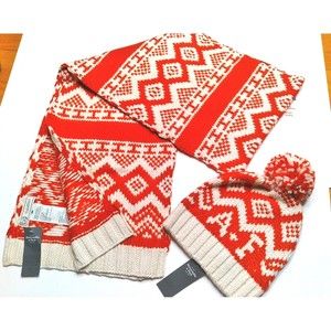 Y2K Abercrombie & Fitch Red & Cream Pom Hat & Long Scarf Gift Retail $74 NWT
